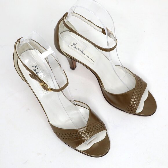 Vintage Fabiosi Olive Green Brown Leather Ankle Strap Peep Toe Pumps Skinny Heel - Picture 6 of 10
